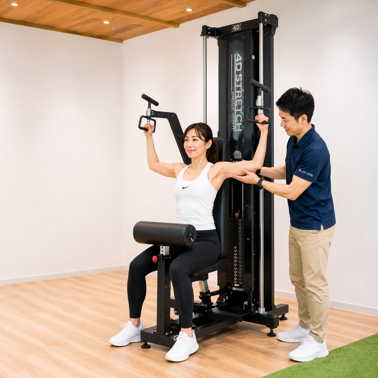 4Dストレッチで肩まわりの動きを確認する様子