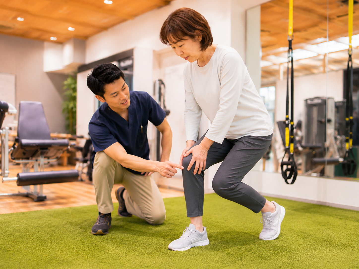 膝や不調の背景を確認しながらトレーニングを設計する様子