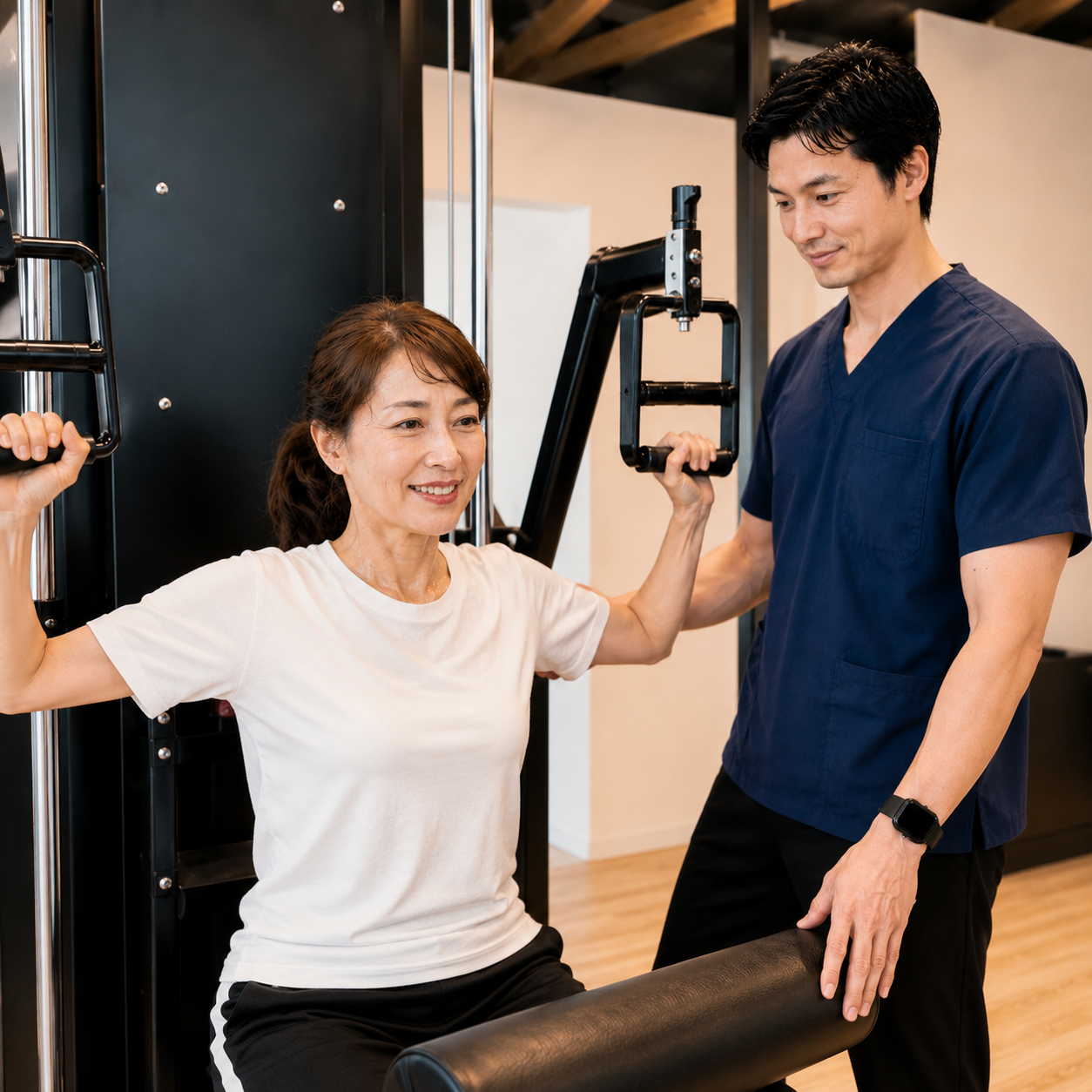 トレーナーが利用者の運動をサポートしている様子